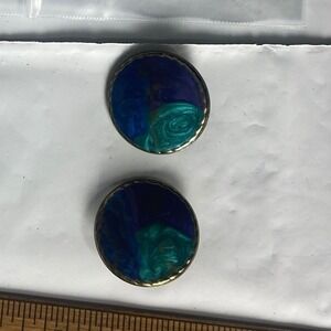 Round Enamel Swirl‎ Design Stud Earrings Blue Green Gold Tone Women